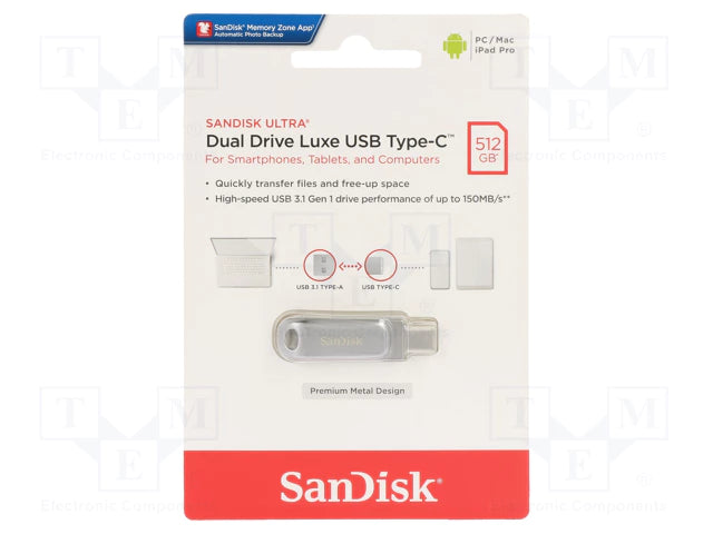 SanDisk 512GB Ultra Dual Drive Luxe USB Type-C up to 400 Speed - SDDDC4-512-G46, Silver SanDisk 512GB Ultra Dual Drive Luxe USB Type-C up to 400 Speed - SDDDC4-512-G46, Silver